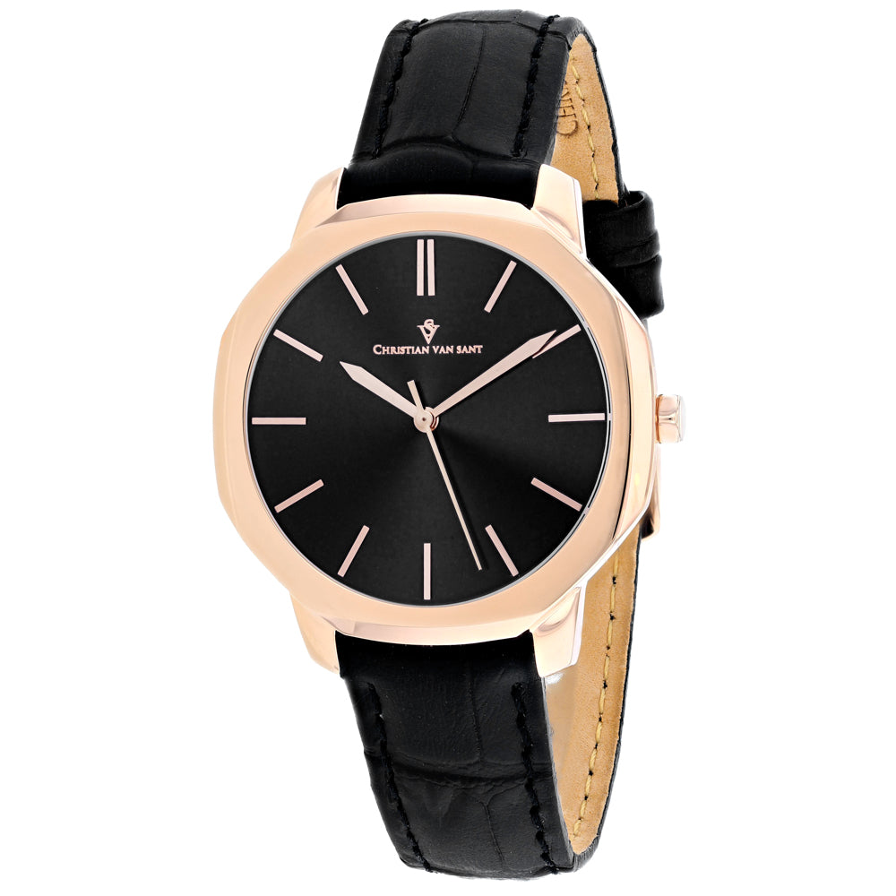 Christian Van Sant Women's 37mm Octave Slim Quartz Date Octagon Case Leather Strap Watch
