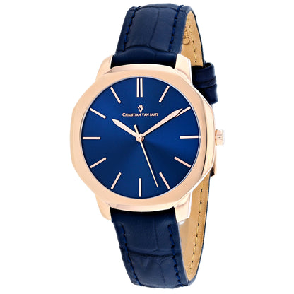 Christian Van Sant Women's 37mm Octave Slim Quartz Date Octagon Case Leather Strap Watch