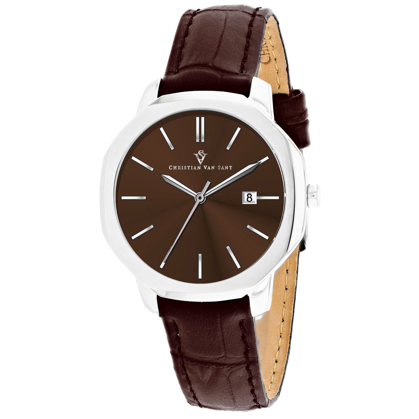 Christian Van Sant Women's 37mm Octave Slim Quartz Date Octagon Case Leather Strap Watch