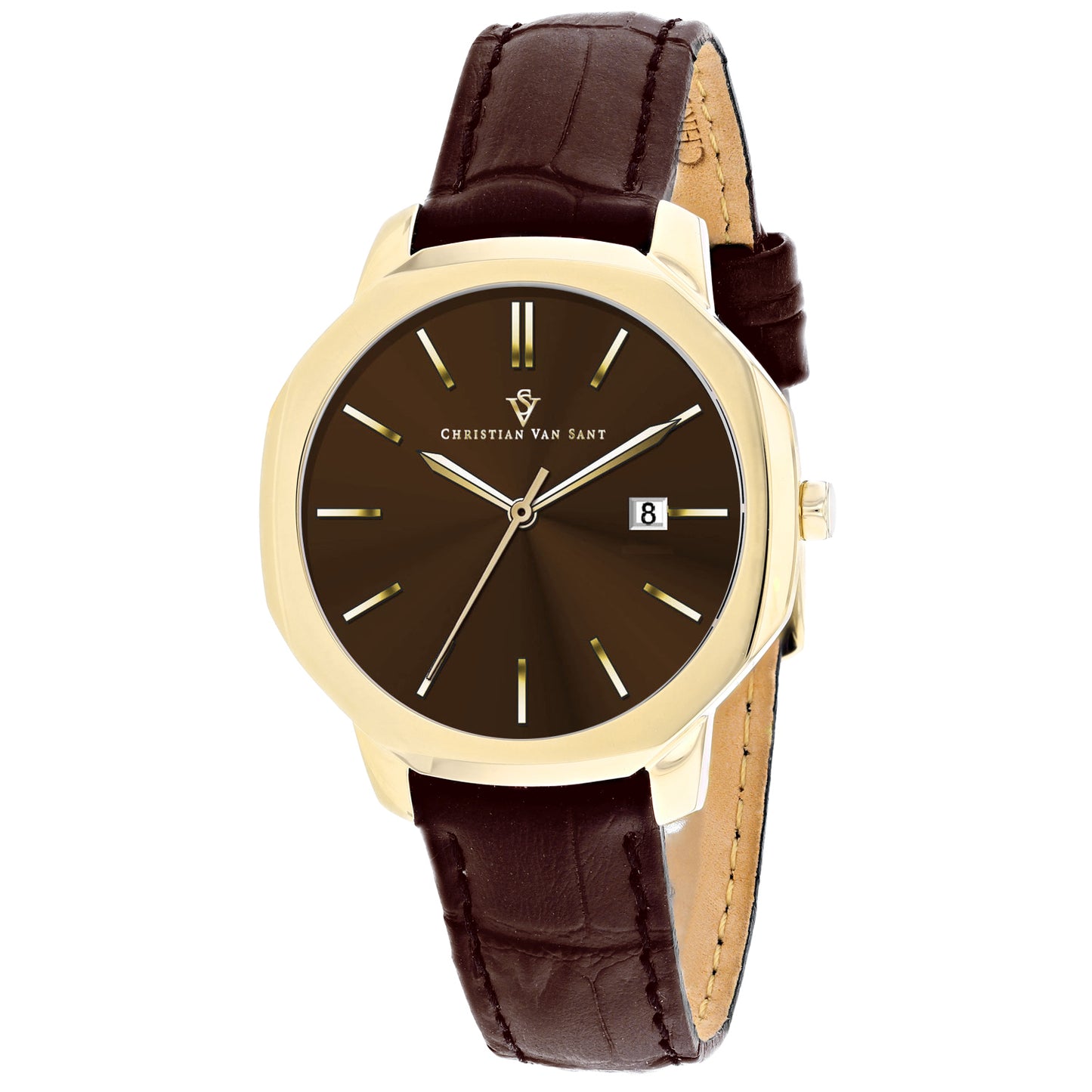 Christian Van Sant Women's 37mm Octave Slim Quartz Date Octagon Case Leather Strap Watch