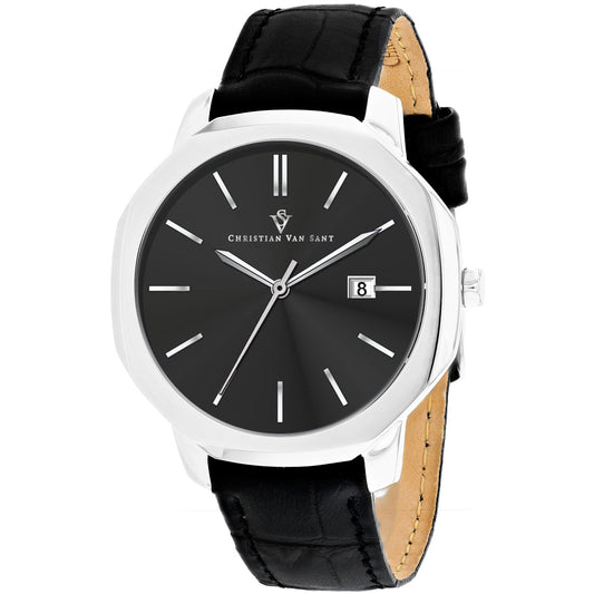Christian Van Sant Men's 42mm Octavius Slim Quartz Date Octagon Leather Strap Watch