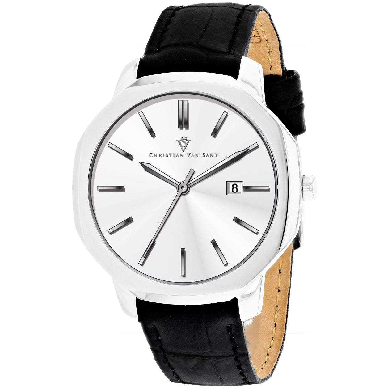 Christian Van Sant Men's 42mm Octavius Slim Quartz Date Octagon Leather Strap Watch