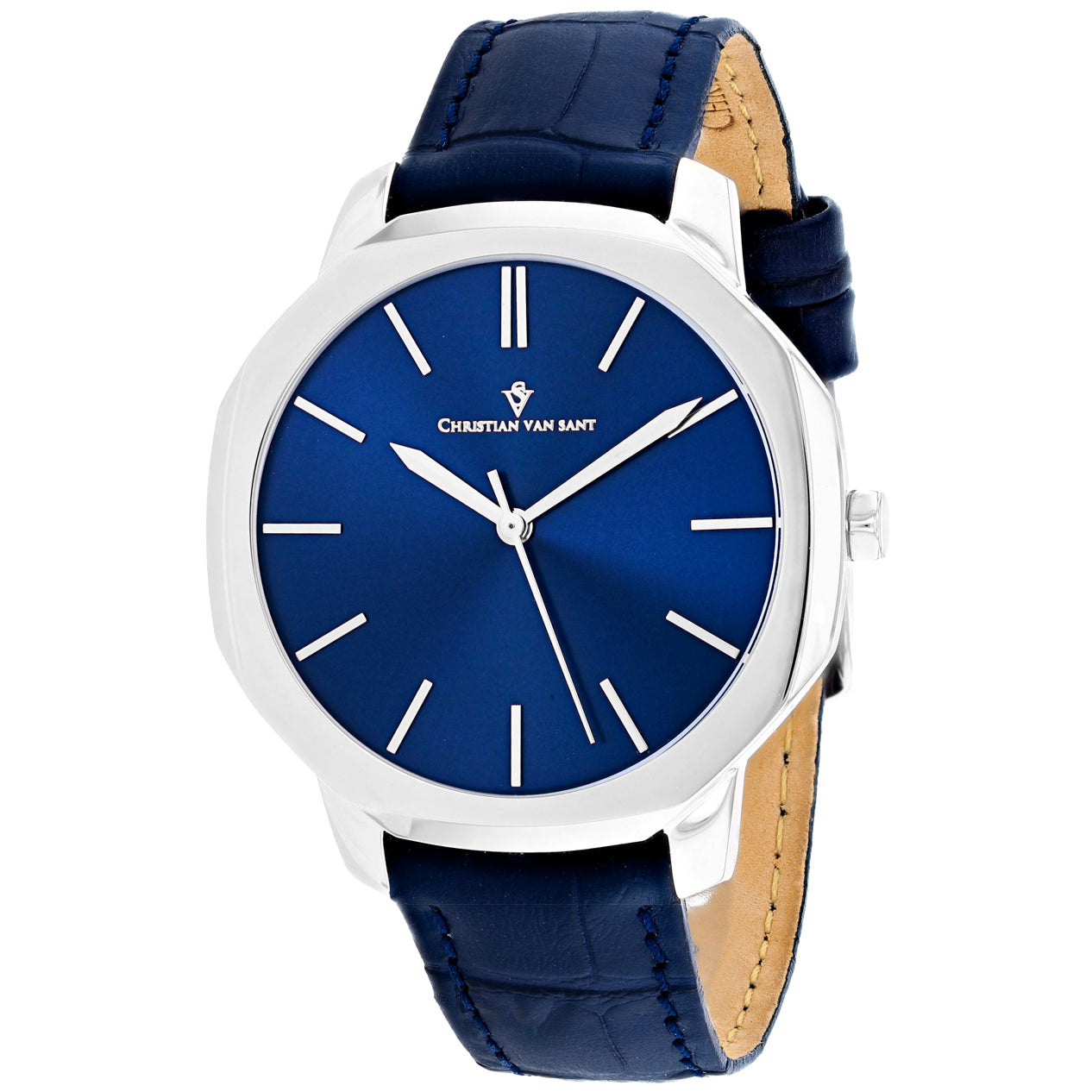 Christian Van Sant Men's 42mm Octavius Slim Quartz Date Octagon Leather Strap Watch