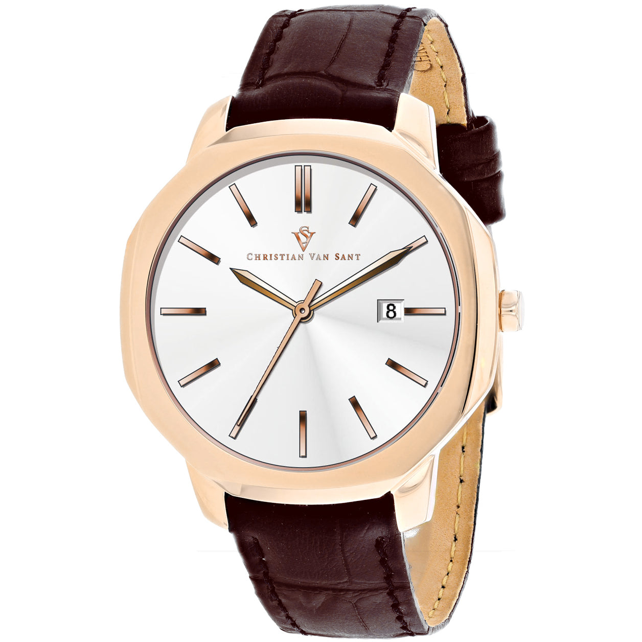 Christian Van Sant Men's 42mm Octavius Slim Quartz Date Octagon Leather Strap Watch