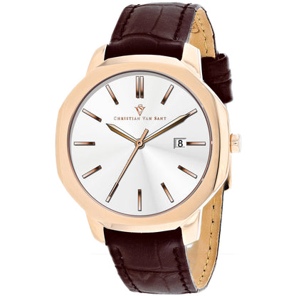 Christian Van Sant Men's 42mm Octavius Slim Quartz Date Octagon Leather Strap Watch