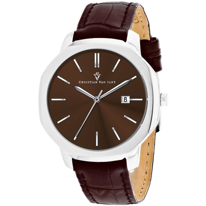 Christian Van Sant Men's 42mm Octavius Slim Quartz Date Octagon Leather Strap Watch