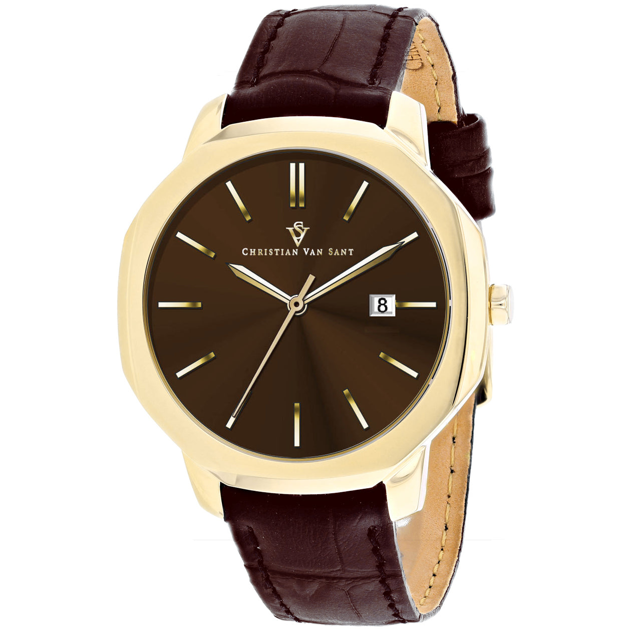Christian Van Sant Men's 42mm Octavius Slim Quartz Date Octagon Leather Strap Watch