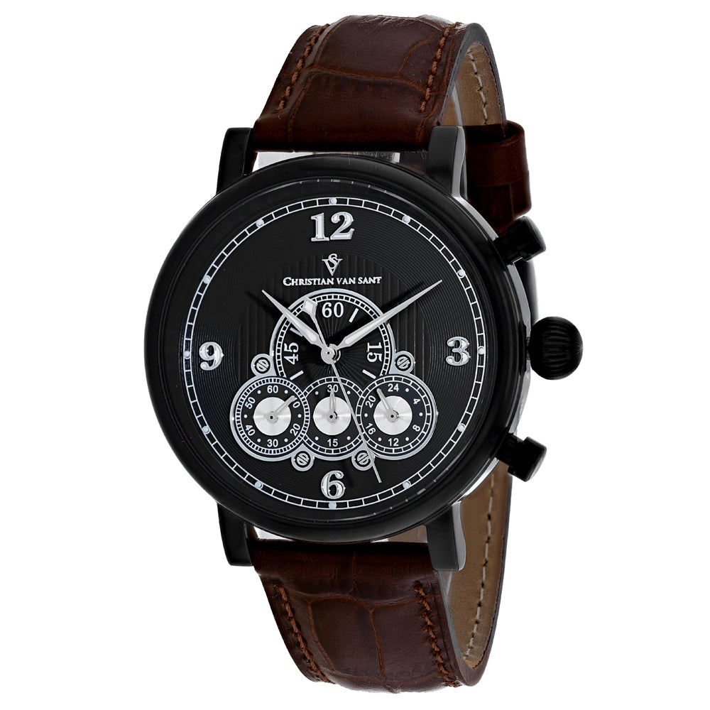 Christian Van Sant Men's 42mm Dominion Quartz Chronograph Black Dial Leather Strap Watch