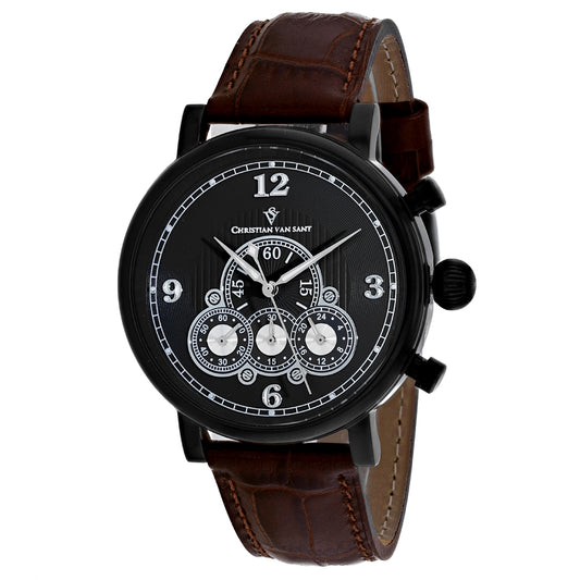 Christian Van Sant Men's 42mm Dominion Quartz Chronograph Black Dial Leather Strap Watch