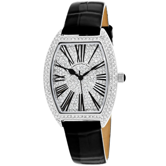 Christian Van Sant Women's 36mm Chic Quartz Crystal Pave Tonneau Leather Strap Watch
