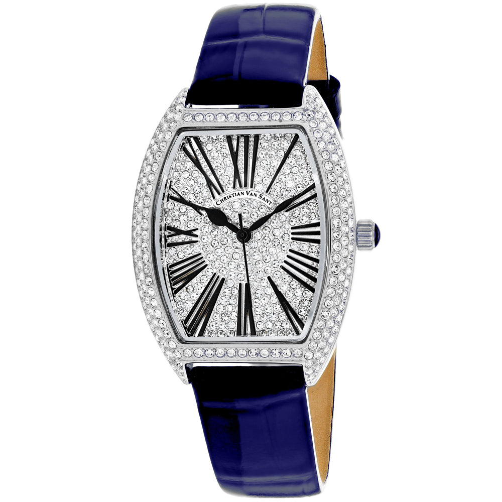 Christian Van Sant Women's 36mm Chic Quartz Crystal Pave Tonneau Leather Strap Watch