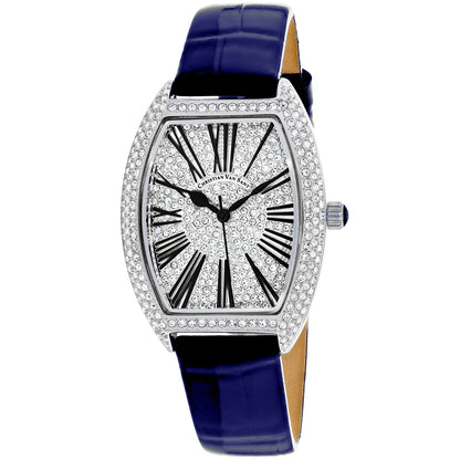 Christian Van Sant Women's 36mm Chic Quartz Crystal Pave Tonneau Leather Strap Watch