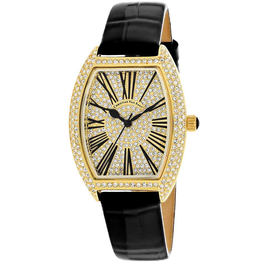Christian Van Sant Women's 36mm Chic Quartz Crystal Pave Tonneau Leather Strap Watch
