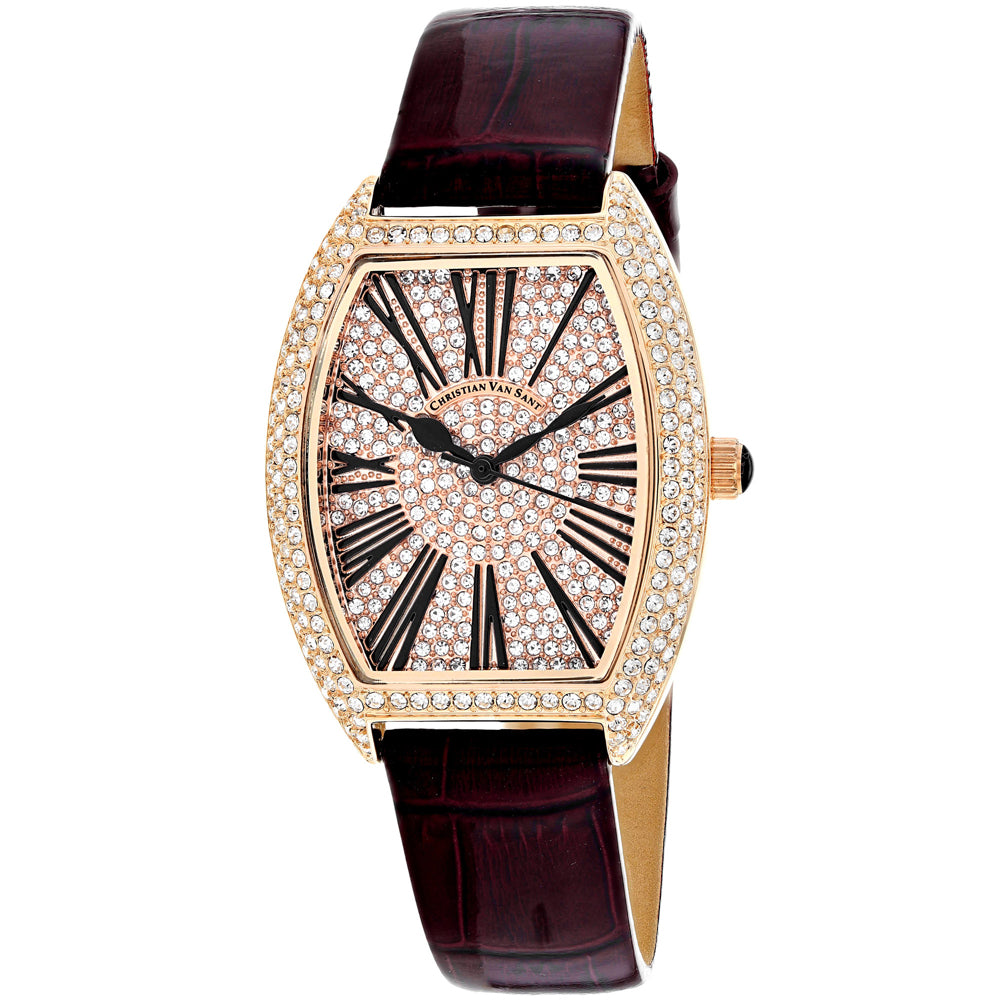 Christian Van Sant Women's 36mm Chic Quartz Crystal Pave Tonneau Leather Strap Watch