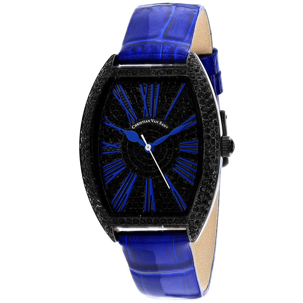 Christain Van Sant Women's 36mm Chic Quartz Black Crystal Pave Leather Strap Watch