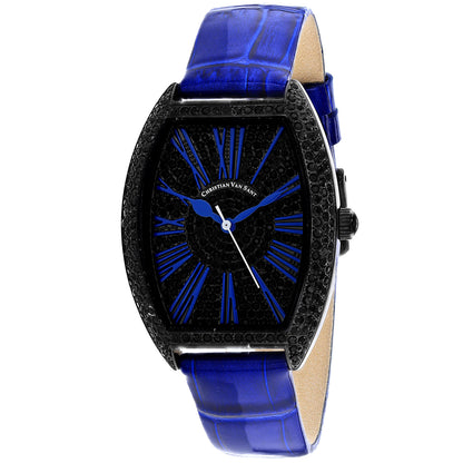 Christain Van Sant Women's 36mm Chic Quartz Black Crystal Pave Leather Strap Watch