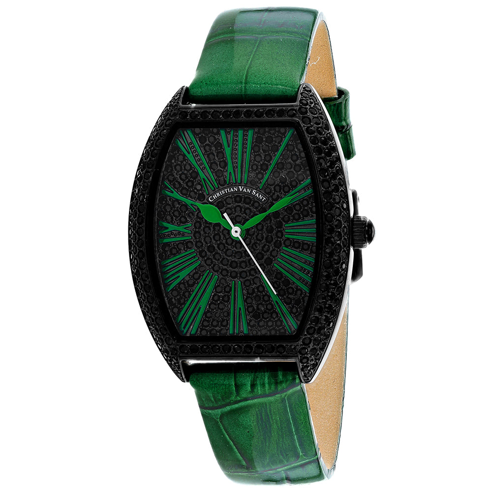 Christain Van Sant Women's 36mm Chic Quartz Black Crystal Pave Leather Strap Watch