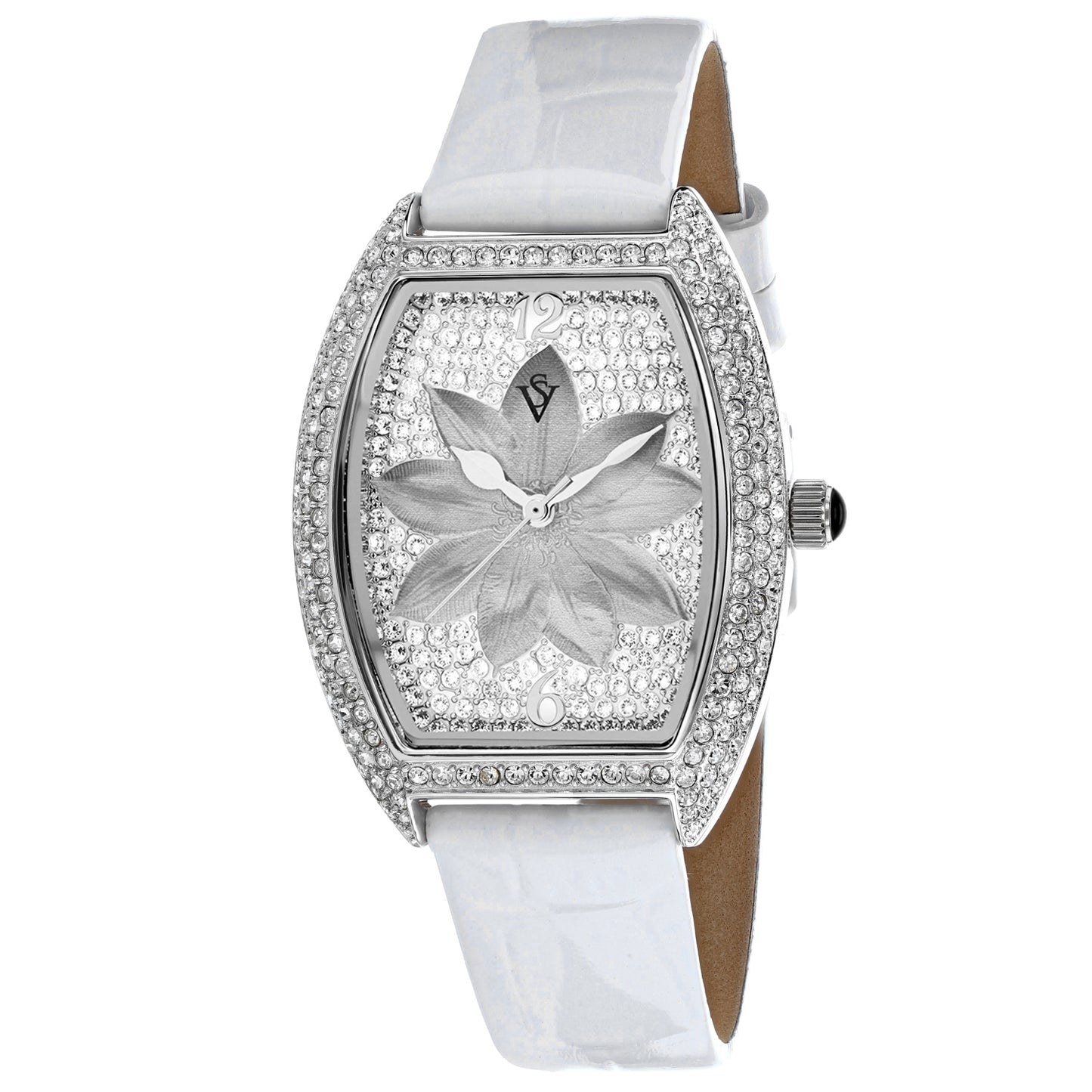 Christian Van Sant Women's 36mm Lotus Quartz Crystal Pave Lotus Flower Dial Leather Strap Watch