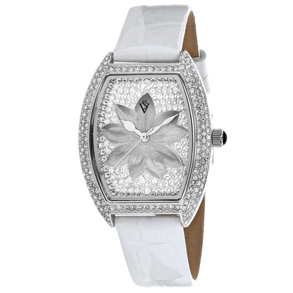 Christian Van Sant Women's 36mm Lotus Quartz Crystal Pave Lotus Flower Dial Leather Strap Watch
