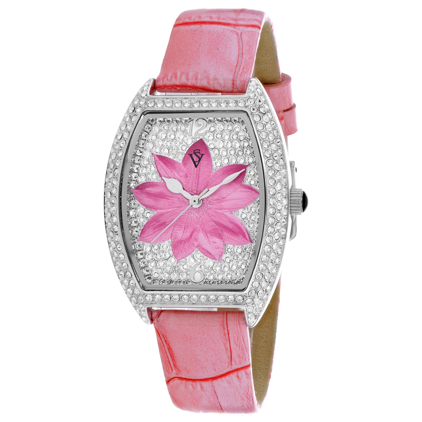 Christian Van Sant Women's 36mm Lotus Quartz Crystal Pave Lotus Flower Dial Leather Strap Watch