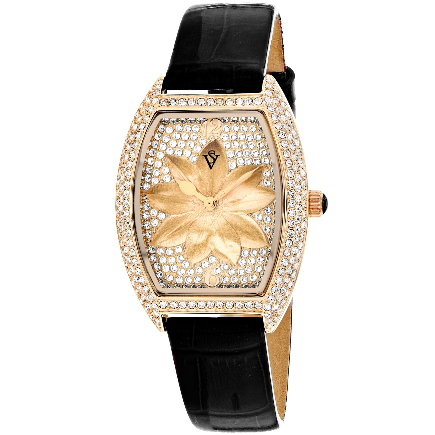 Christian Van Sant Women's 36mm Lotus Quartz Crystal Pave Lotus Flower Dial Leather Strap Watch