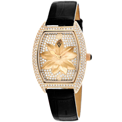 Christian Van Sant Women's 36mm Lotus Quartz Crystal Pave Lotus Flower Dial Leather Strap Watch