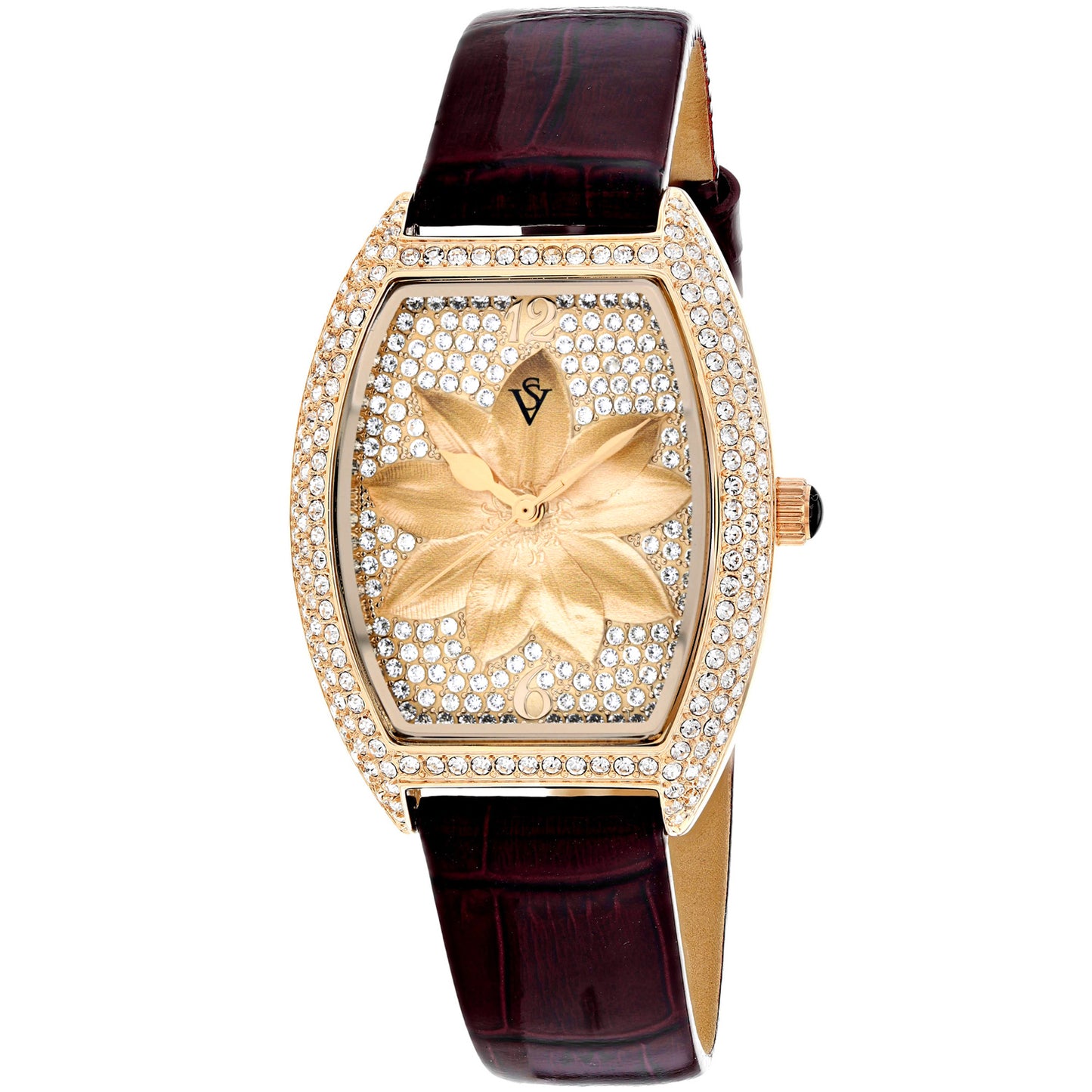 Christian Van Sant Women's 36mm Lotus Quartz Crystal Pave Lotus Flower Dial Leather Strap Watch