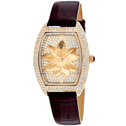 Christian Van Sant Women's 36mm Lotus Quartz Crystal Pave Lotus Flower Dial Leather Strap Watch