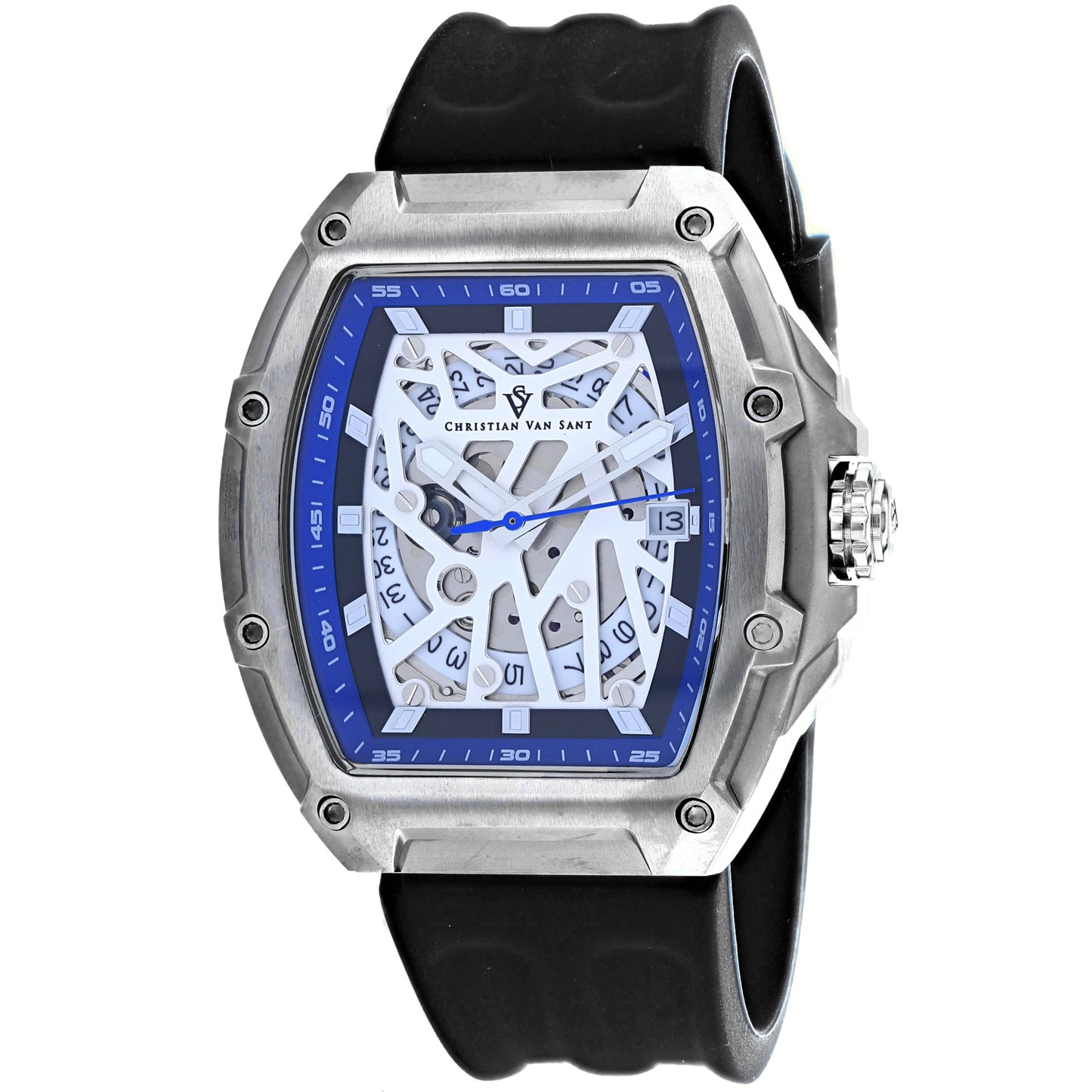 Christian Van Sant Men's 50mm Odyssey Automatic Date Skeletonized Dial Rubber Strap Watch