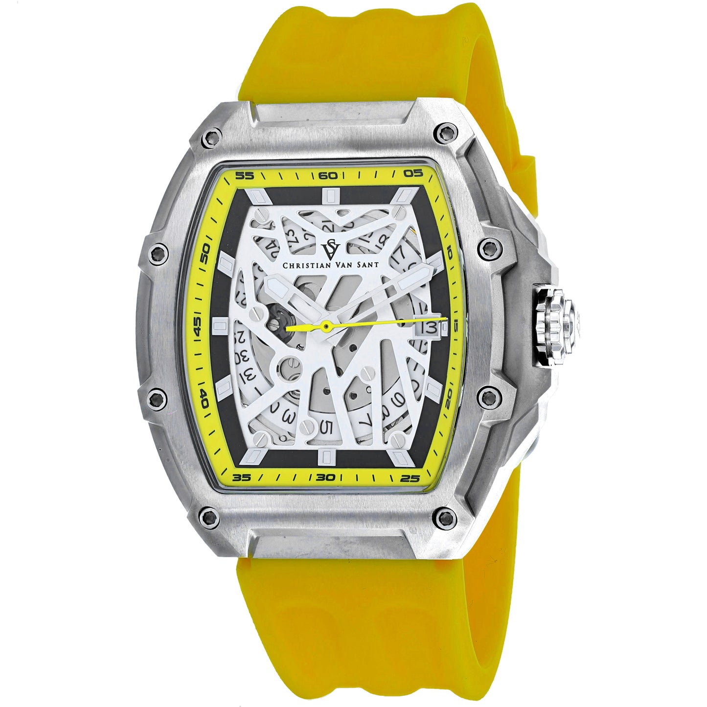 Christian Van Sant Men's 50mm Odyssey Automatic Date Skeletonized Dial Rubber Strap Watch