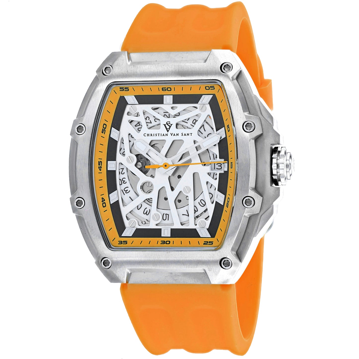 Christian Van Sant Men's 50mm Odyssey Automatic Date Skeletonized Dial Rubber Strap Watch
