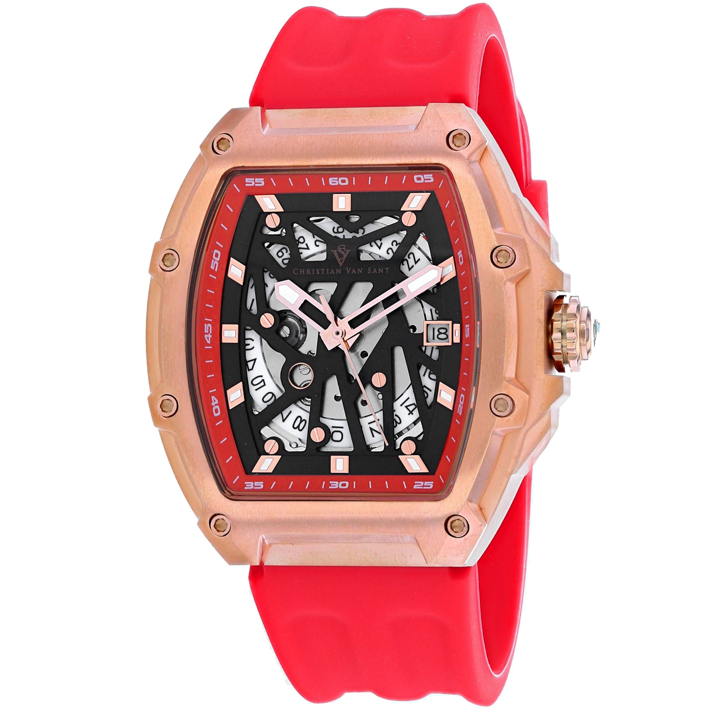 Christian Van Sant Men's 50mm Odyssey Automatic Date Skeletonized Dial Rubber Strap Watch