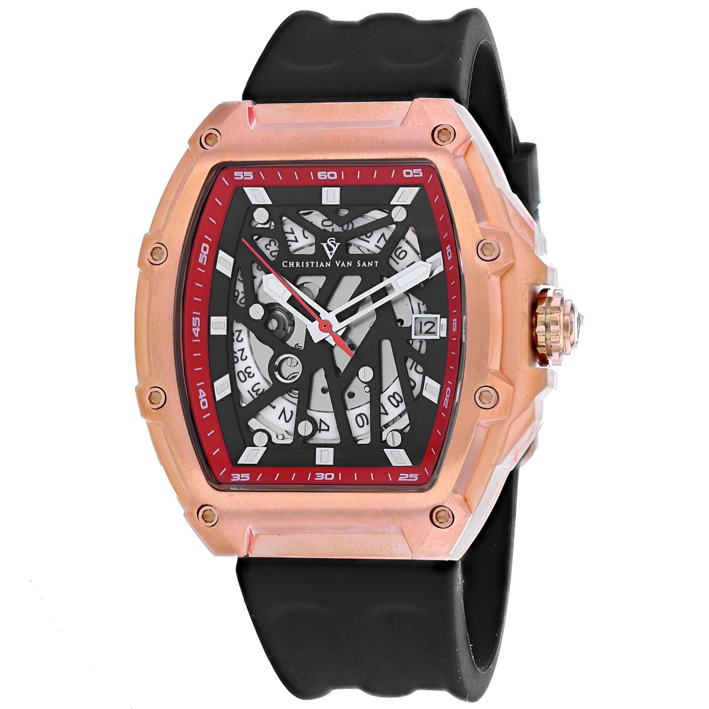 Christian Van Sant Men's 50mm Odyssey Automatic Date Skeletonized Dial Rubber Strap Watch