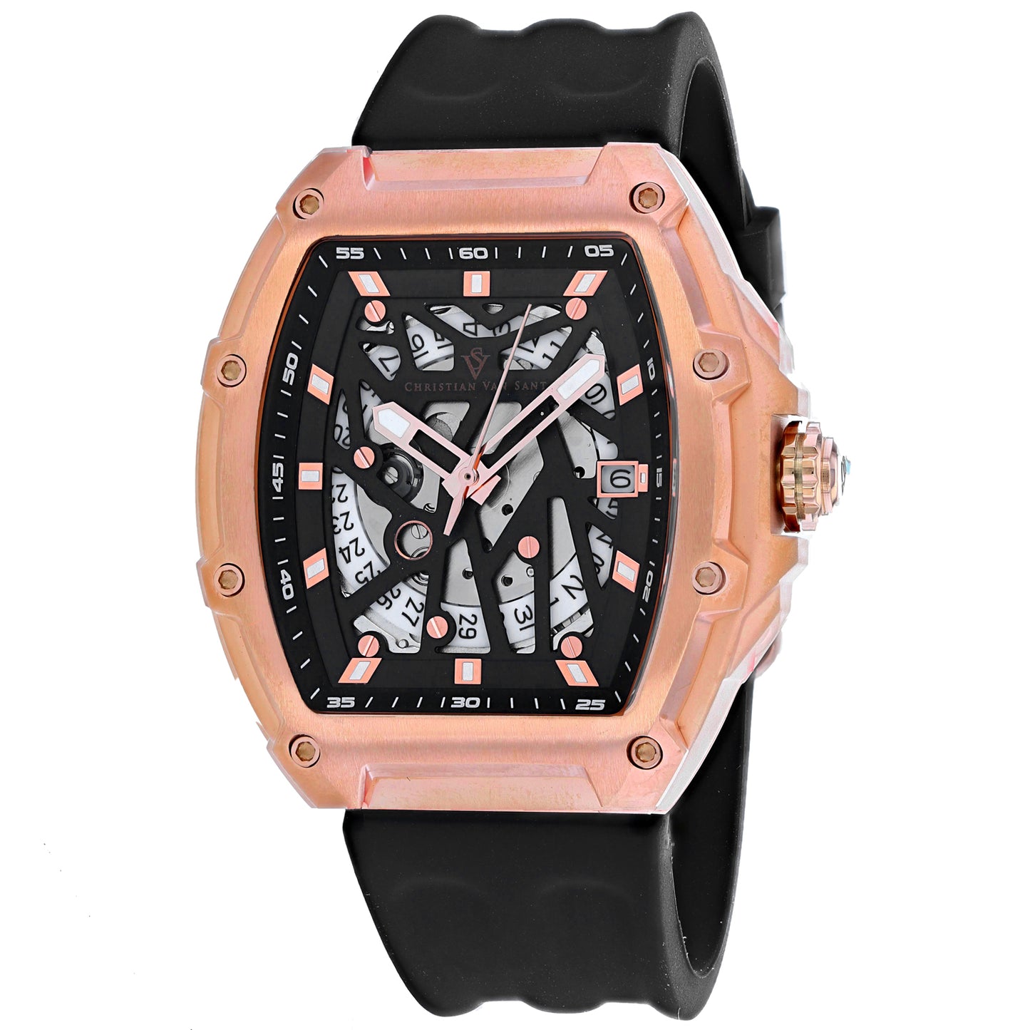 Christian Van Sant Men's 50mm Odyssey Automatic Date Skeletonized Dial Rubber Strap Watch