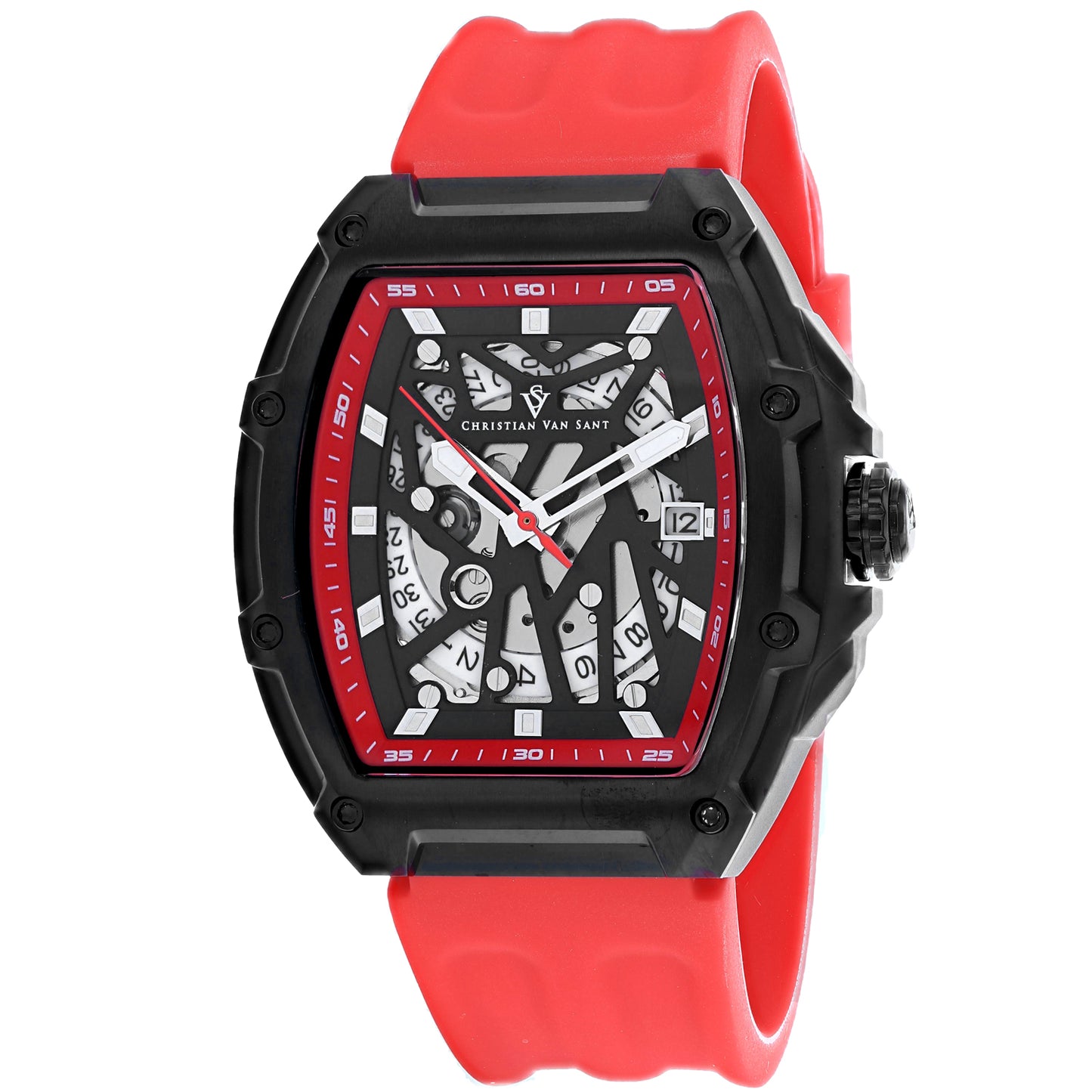 Christian Van Sant Men's 50mm Odyssey Automatic Date Skeletonized Dial Rubber Strap Watch