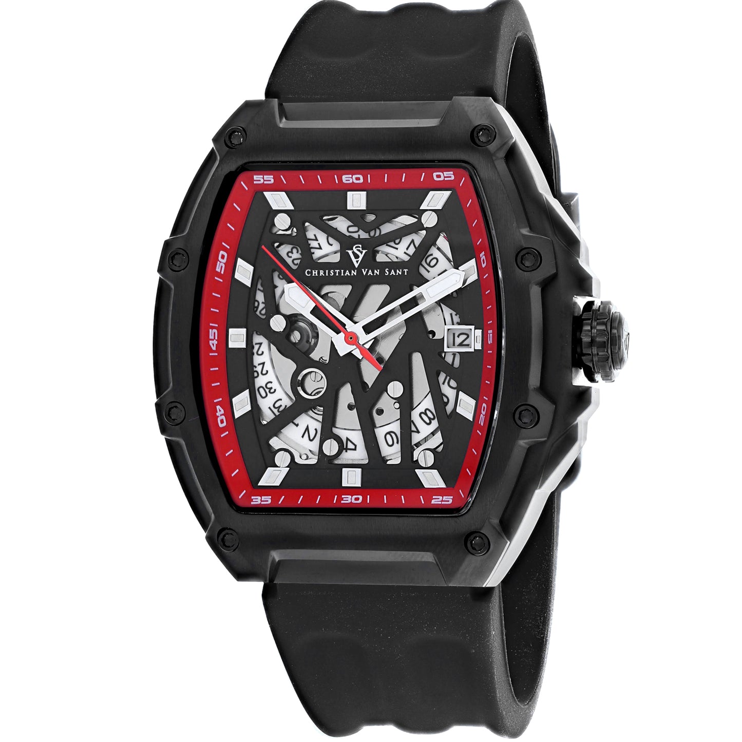 Christian Van Sant Men's 50mm Odyssey Automatic Date Skeletonized Dial Rubber Strap Watch