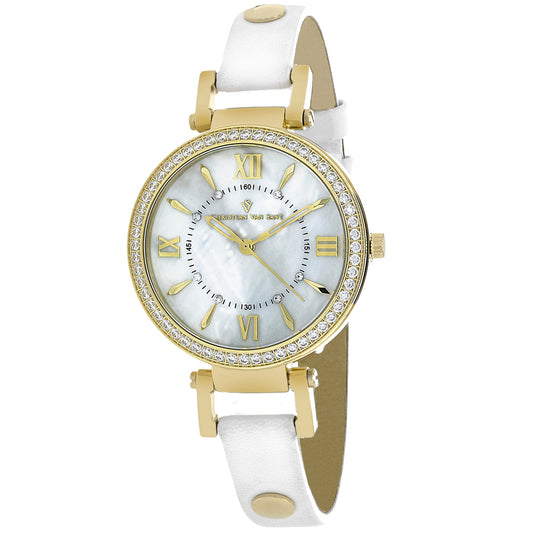 Christian Van Sant Women's 31mm Petite Quartz MOP Dial Crystal Bezel Leather Strap Watch