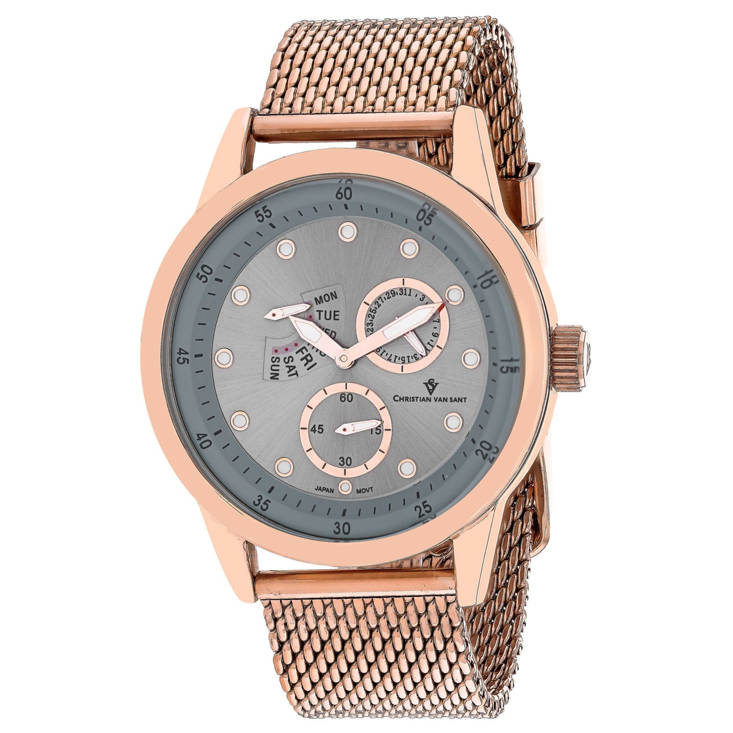 Christian Van Sant Men's 44mm Rio Quartz Multi-Function Day & Date Mesh Bracelet Watch