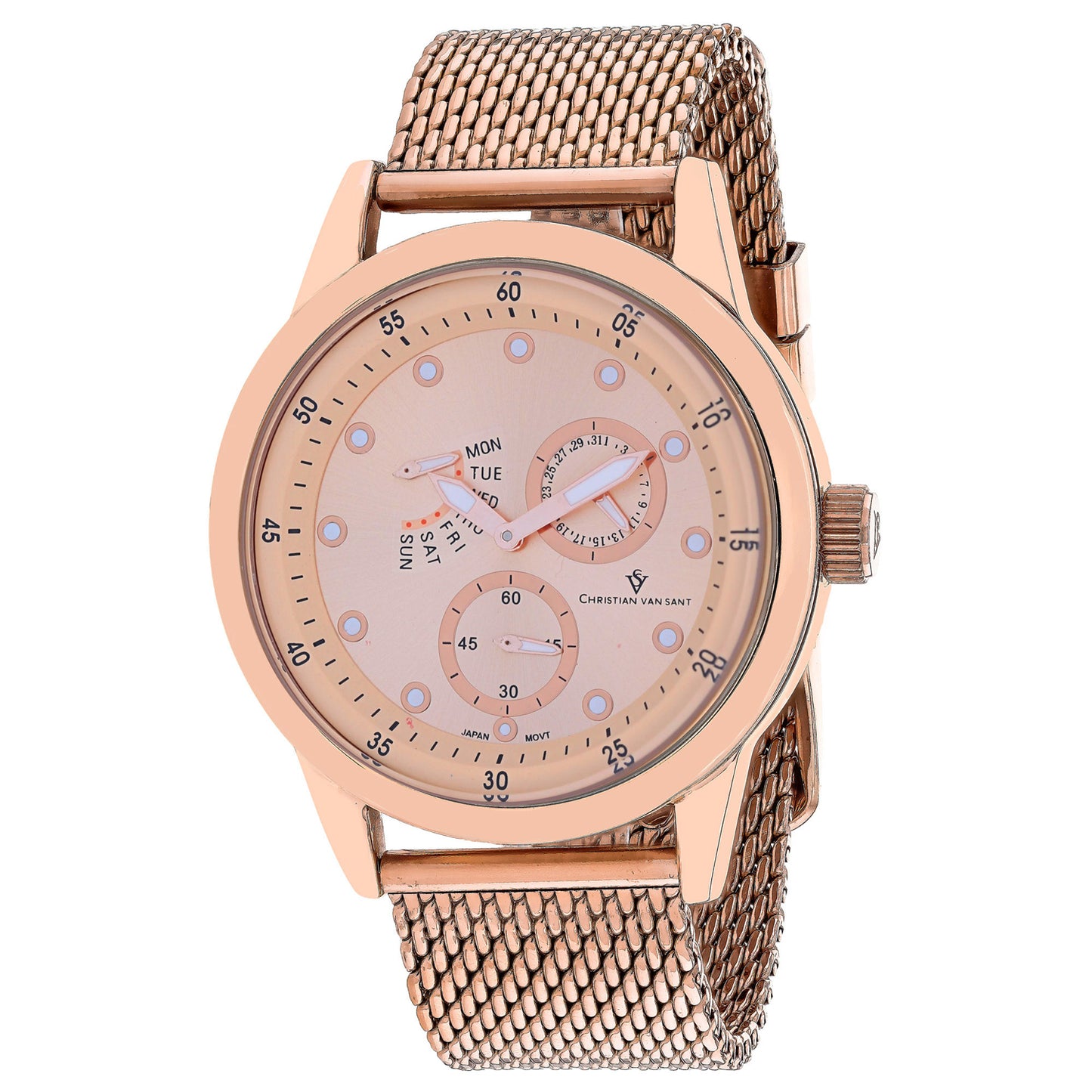 Christian Van Sant Men's 44mm Rio Quartz Multi-Function Day & Date Mesh Bracelet Watch