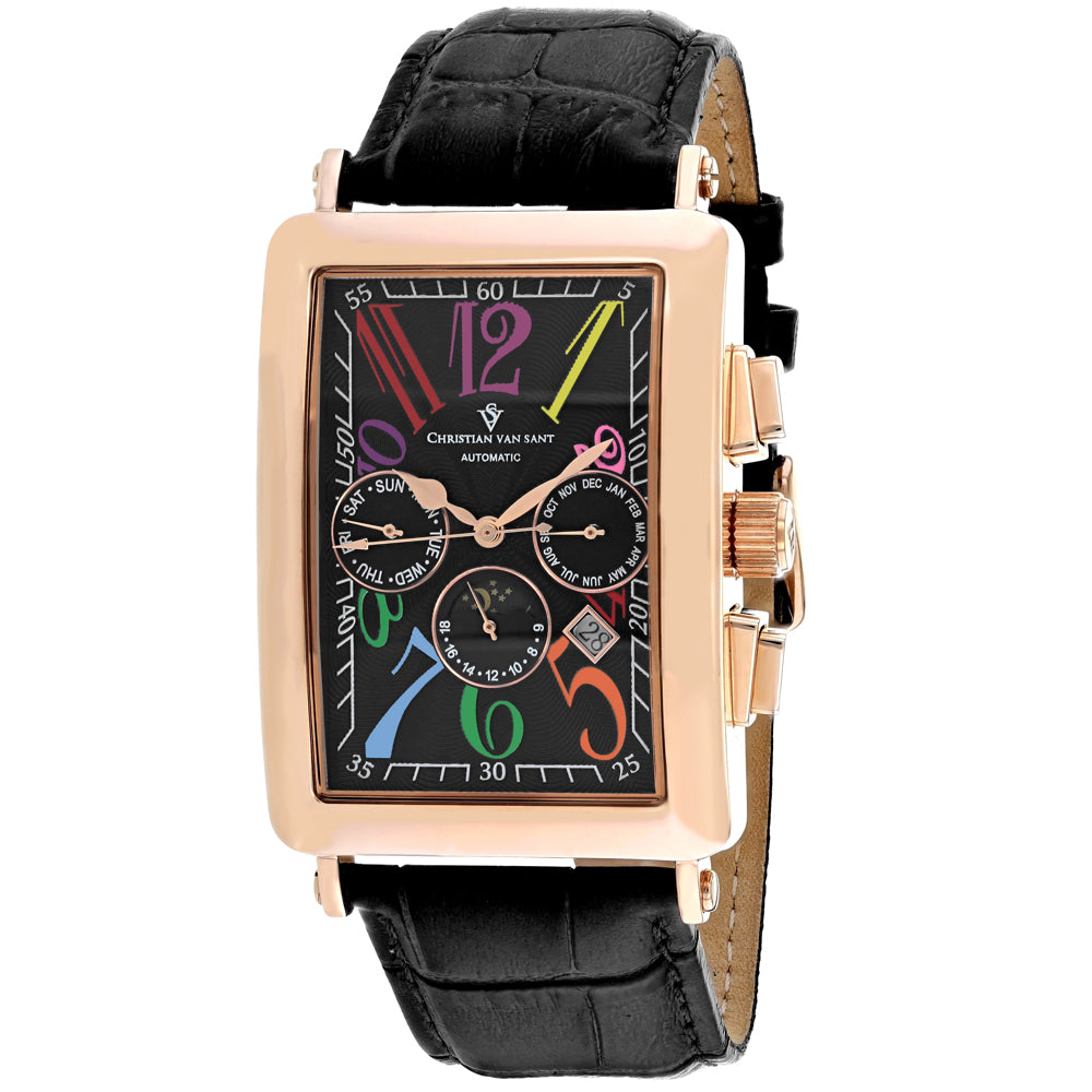 Christian Van Sant Men's 33mm Prodigy Automatic Multi-Function Moonphase Leather Strap Watch