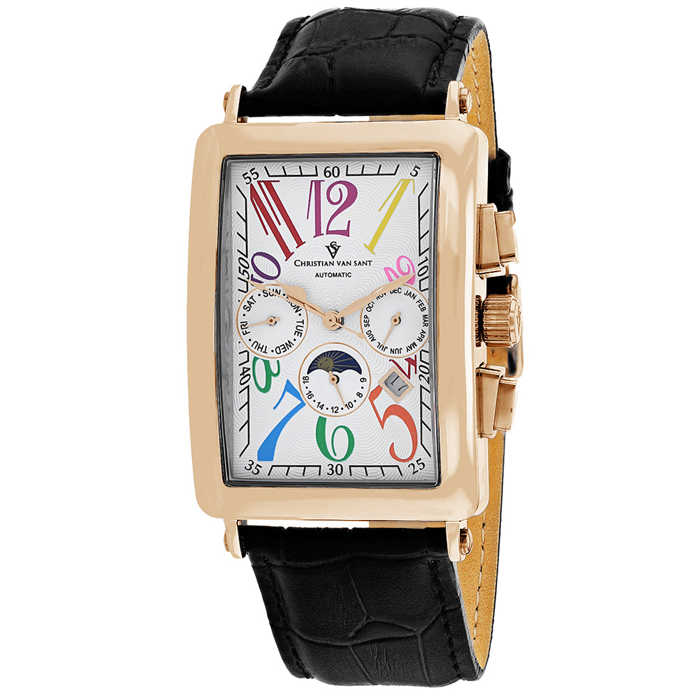Christian Van Sant Men's 33mm Prodigy Automatic Multi-Function Moonphase Leather Strap Watch