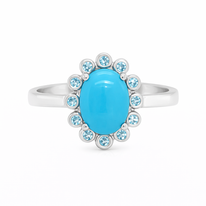 Sterling Silver 8x6mm Sleeping Beauty Turq Bezel-Set Gemstone Halo Ring
