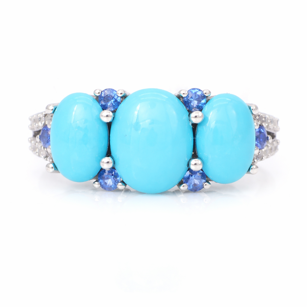 Sterling Silver 3-Stone Sleeping Beauty Turq & Ceylon Sapphire Ring