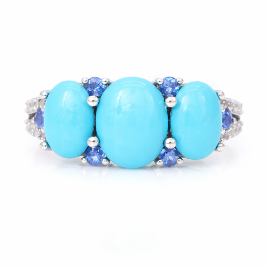 Sterling Silver 3-Stone Sleeping Beauty Turq & Ceylon Sapphire Ring