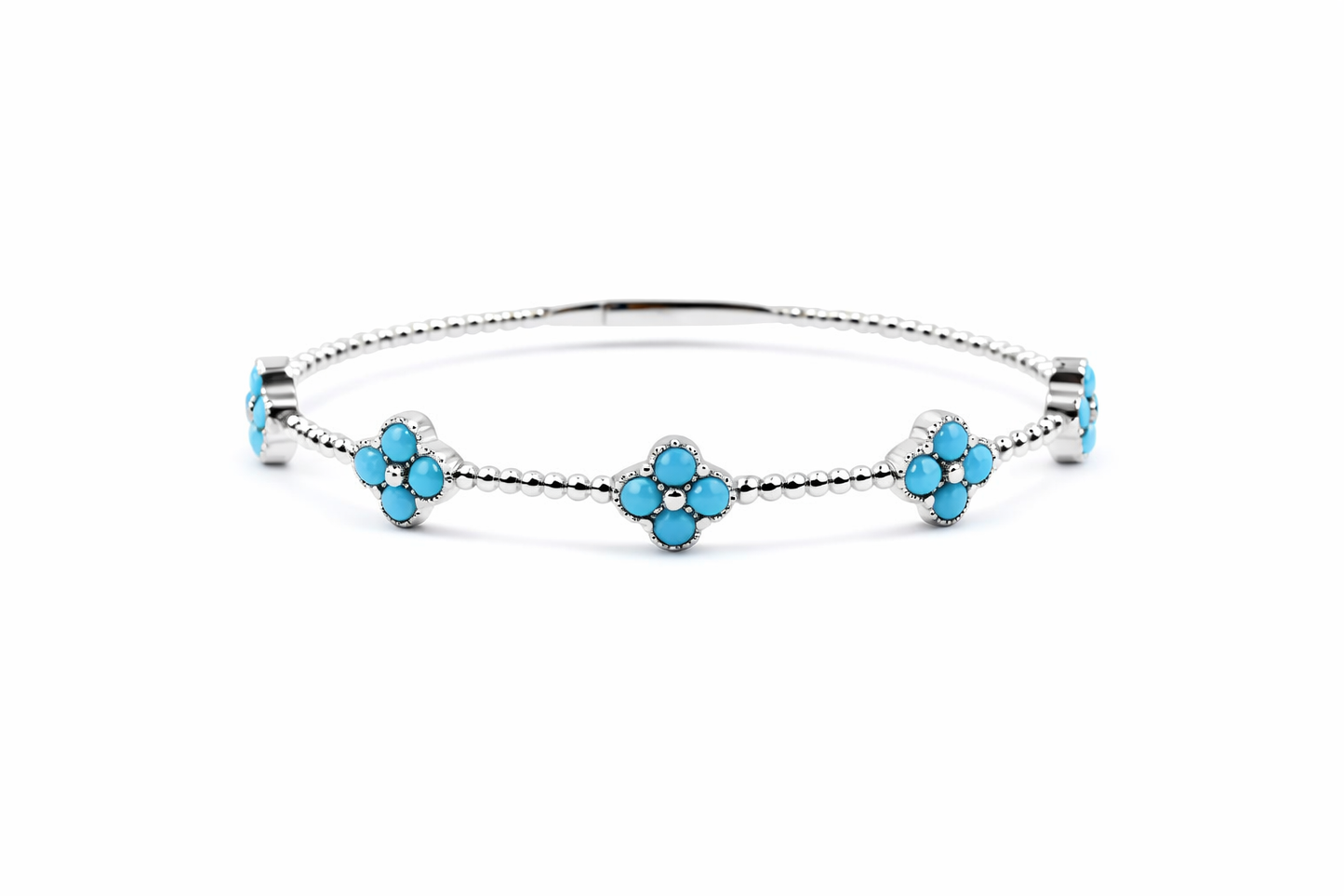 Sterling Silver 3mm Round Sleeping Beauty Turq Cluster Beaded Bangle Bracelet
