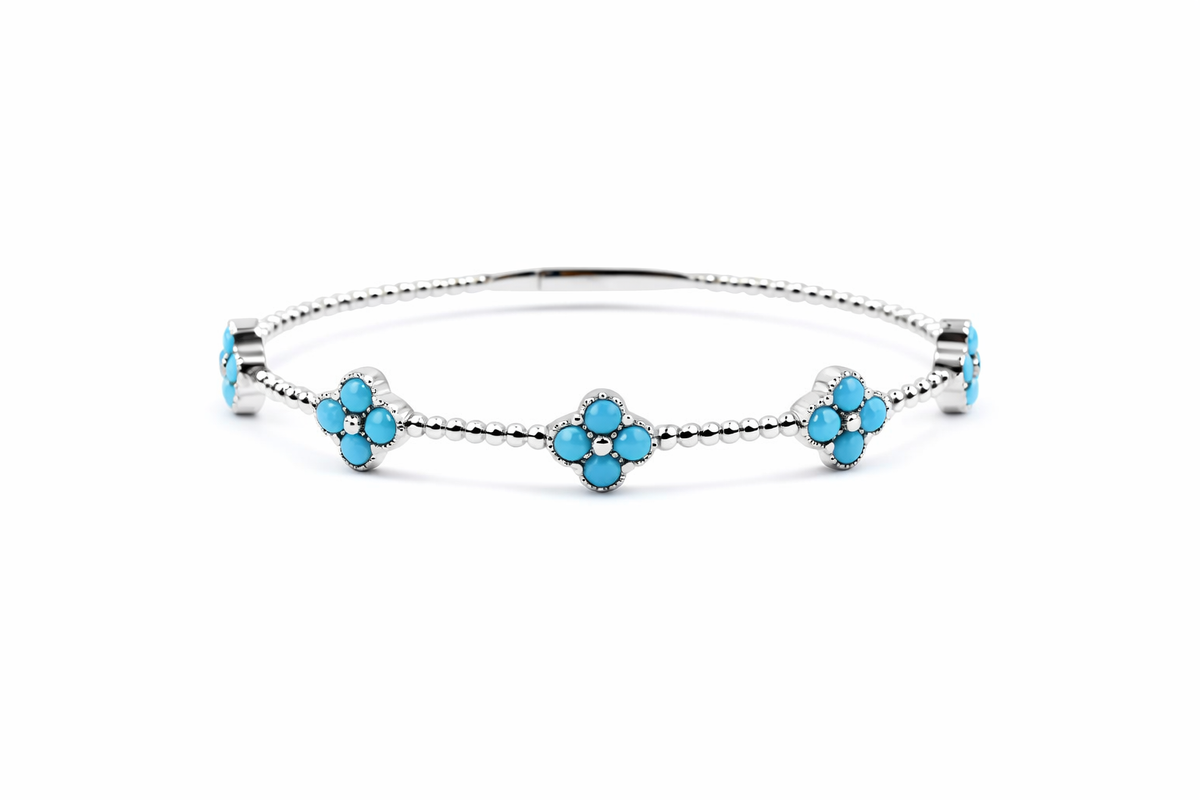 Sterling Silver 3mm Round Sleeping Beauty Turq Cluster Beaded Bangle Bracelet