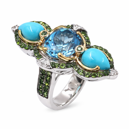Sterling Silver Sleeping Beauty Turq & Multi-Gemstone Elongated North-South Ring