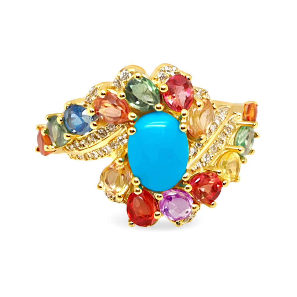 Gold Plated 8x6mm Sleeping Beauty Turq & Multi Sapphire Wrap Ring