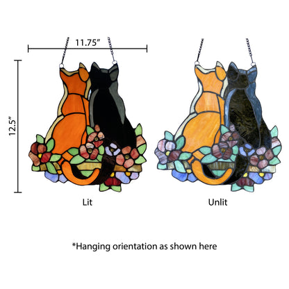 Tiffany-Style Lighting 12.5" Stained Glass Cats in the Garden Window Panel