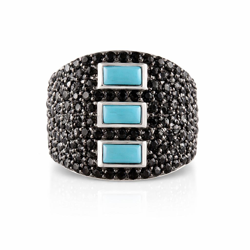 Sterling Silver Baguette Sleeping Beauty Turq & Black Spinel Pave Wide Band Ring